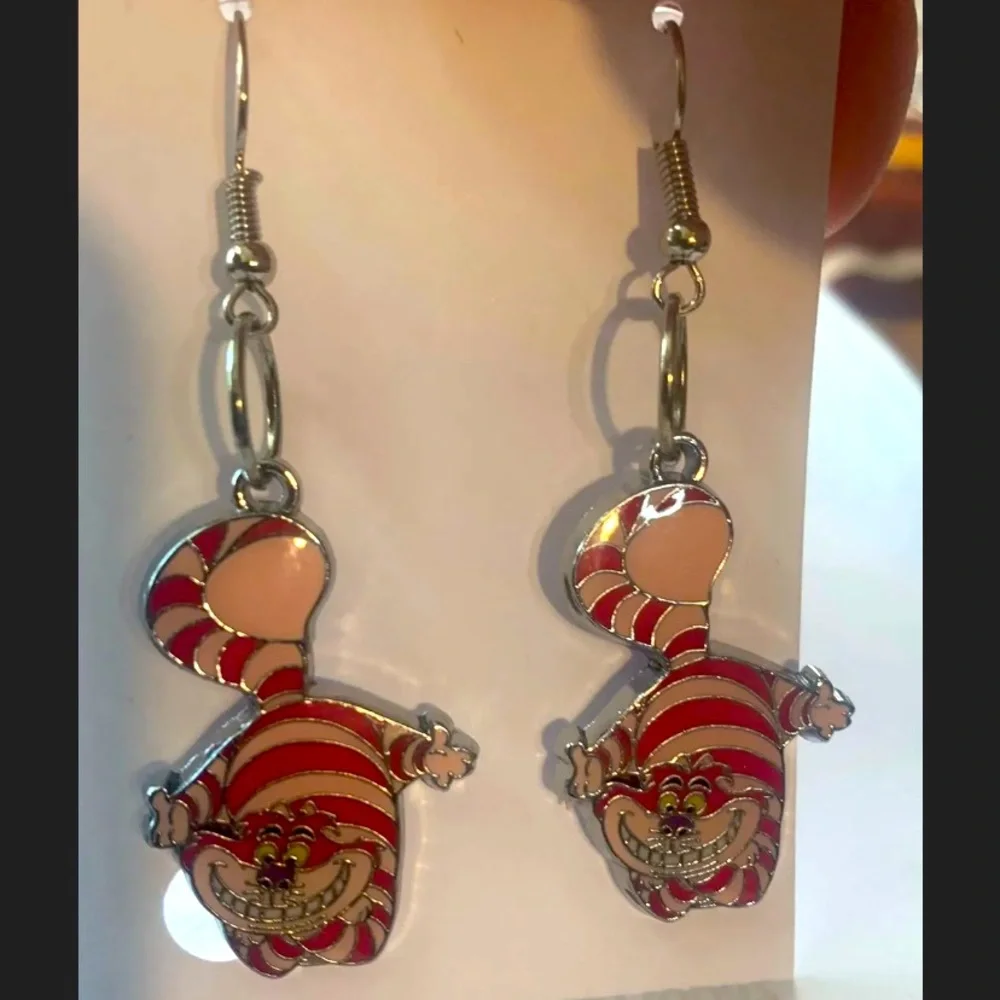 Cheshire Cat silver tone earrings brand new enamel NWOT